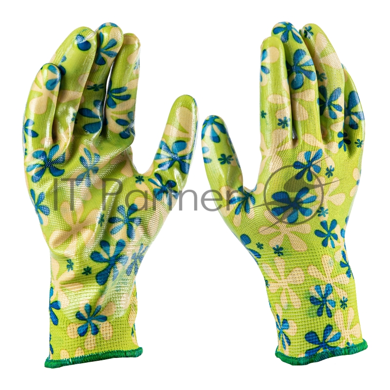 Перчатки садовые из полиэстера с нитрильным обливом, зеленые, L// Palisad