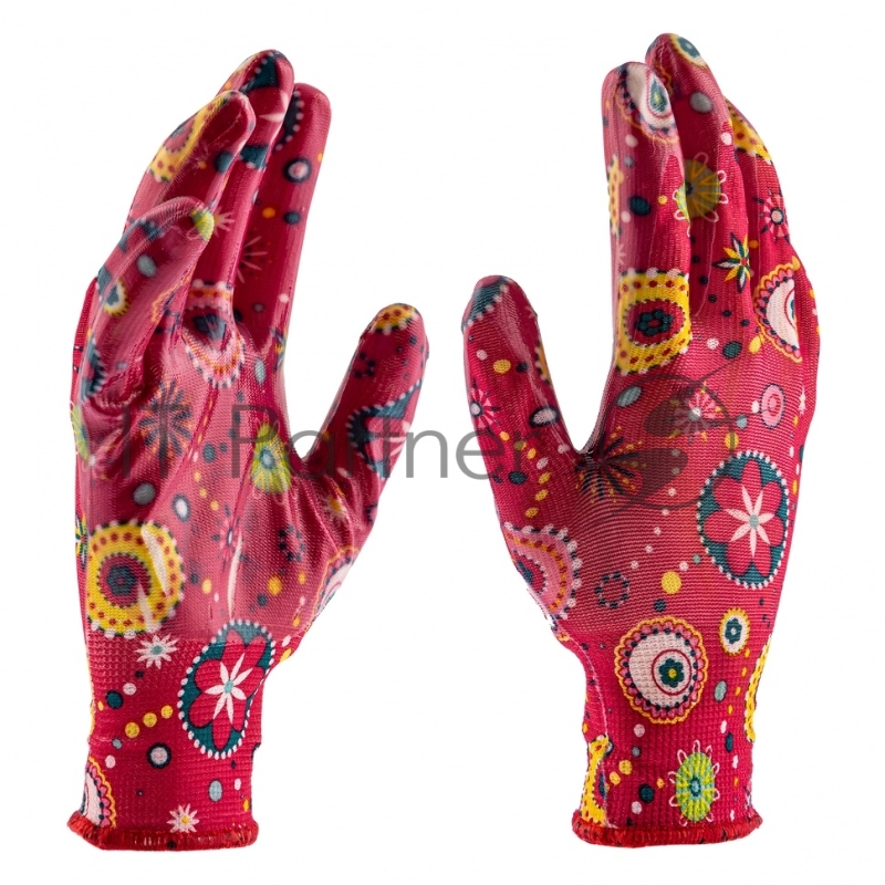 Перчатки садовые из полиэстера с нитрильным обливом, красные, S// Palisad