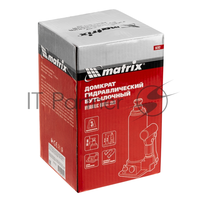 Домкрат гидравлический бутылочный, 3 т, h подъема 178–343 мм// Matrix