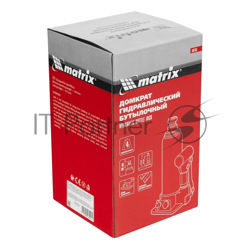 Домкрат гидравлический бутылочный, 4 т, h подъема 194–372 мм// Matrix