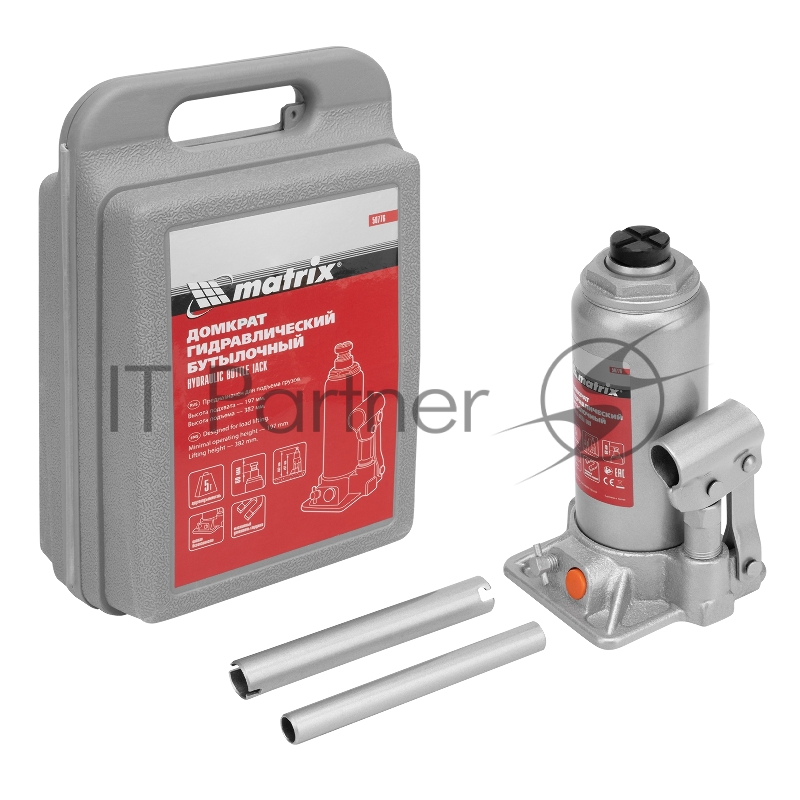 Домкрат гидравлический бутылочный, 5 т, h подъема 197–382 мм, в пласт. кейсе// Matrix