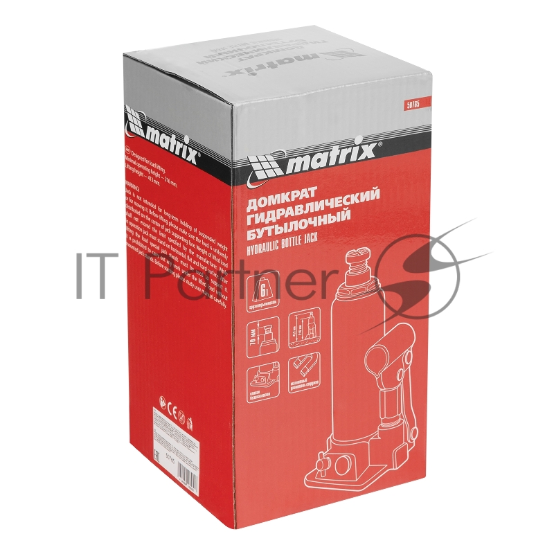 Домкрат гидравлический бутылочный, 6 т, h подъема 216–413 мм// Matrix