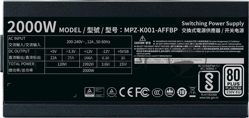 Блок питания Cooler Master ATX 2000W M2000 80+ platinum (24+8+4+4pin) APFC 140mm fan 12xSATA Cab Manag RTL