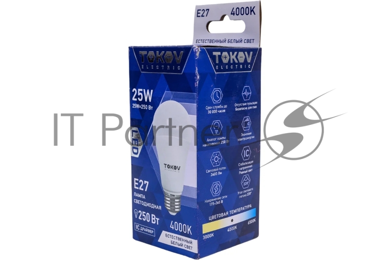 Лампа светодиодная 25Вт А60 4000К Е27 176-264В TOKOV ELECTRIC TKE-A60-E27-25-4K