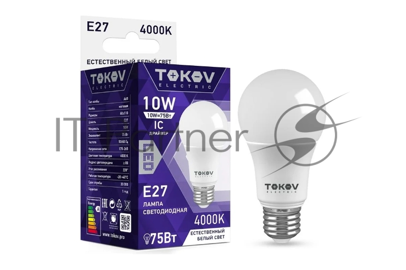 Лампа светодиодная 10Вт А60 4000К Е27 176-264В TOKOV ELECTRIC TKE-A60-E27-10-4K