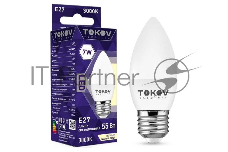 Лампа светодиодная 7Вт С37 3000К Е27 176-264В TOKOV ELECTRIC TKE-C37-E27-7-3K