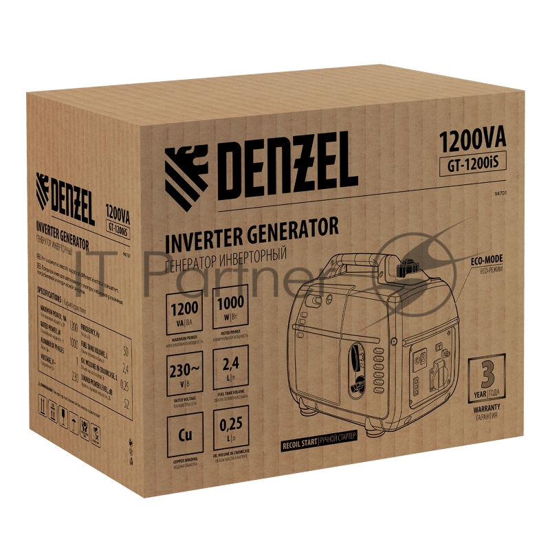 Генератор инверторный GT-1200iS, 1,2 кВт, 230 В, бак 2,4 л, закрытый корпус, ручной старт// Denzel