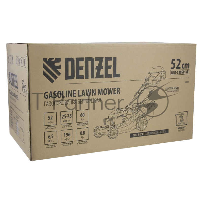 Газонокосилка бензиновая GLD-520SP-VE, 196 см3,шир 52 см,привод,вариатор,эл.старт,60 л// Denzel