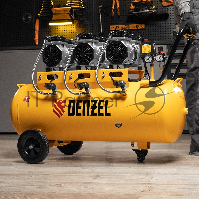 Компрессор безмаслянный малошумный DLS 1800/100,1800 Вт, 3х600, 100 л, 345 л/мин// Denzel