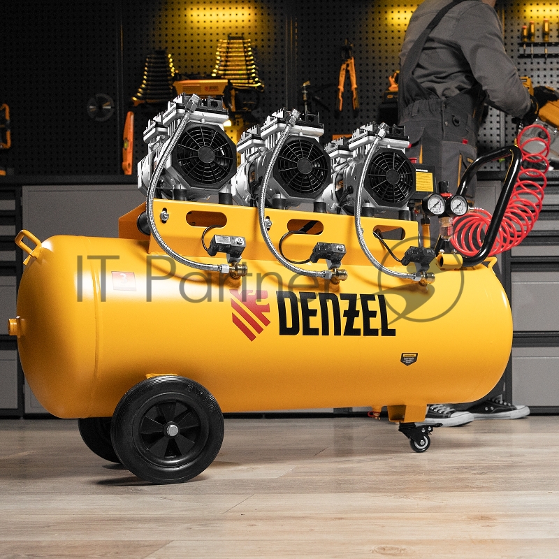 Компрессор безмаслянный малошумный DLS 1800/100,1800 Вт, 3х600, 100 л, 345 л/мин// Denzel