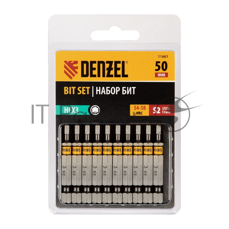 Набор бит HEX 3х50, сталь S2, шестигранный профиль, 10 шт.// Denzel