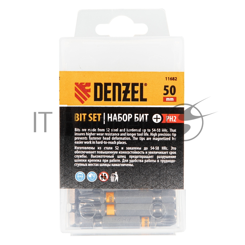 Набор бит PH2х50, сталь S2, 30 шт., шестигранный профиль, пластиковая коробка// Denzel