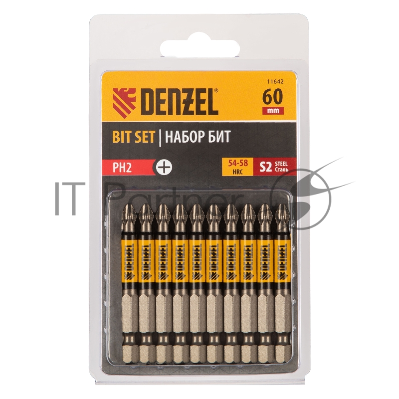 Набор бит PH2х60, сталь S2, круглый профиль, 10 шт.// Denzel
