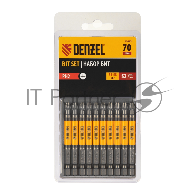 Набор бит PH2х70, сталь S2, круглый профиль, 10 шт.// Denzel