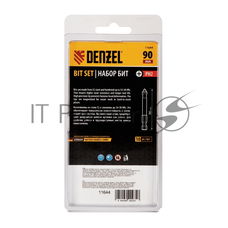 Набор бит PH2х90, сталь S2, круглый профиль, 10 шт.// Denzel