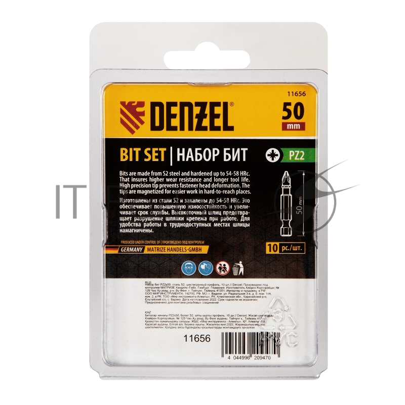 Набор бит PZ2х50, сталь S2, шестигранный профиль, 10 шт.// Denzel