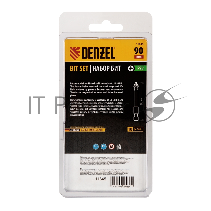 Набор бит PZ2х90, сталь S2, круглый профиль, 10шт.// Denzel