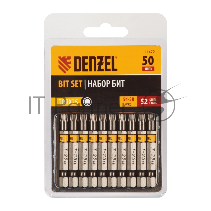 Набор бит TORX 25х50, сталь S2, шестигранный профиль, 10 шт.// Denzel