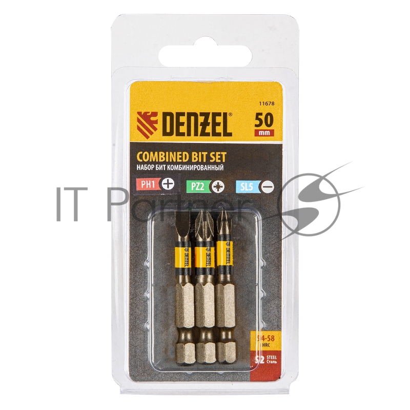 Набор бит комбинированный 3 шт., PH2, PZ2, SL5, 50 мм, сталь S2// Denzel