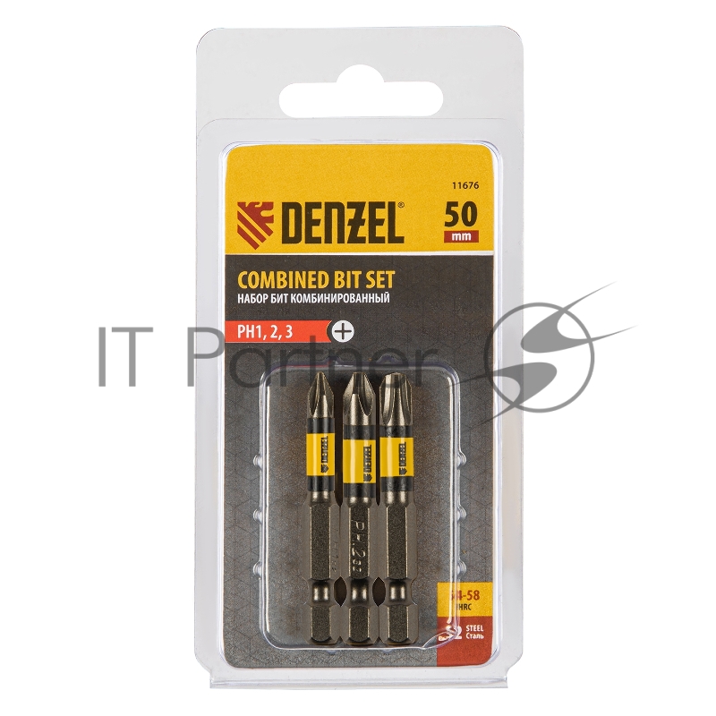 Набор бит комбинированный 3 шт., РН1, РН2, РН3, 50 мм, сталь S2// Denzel