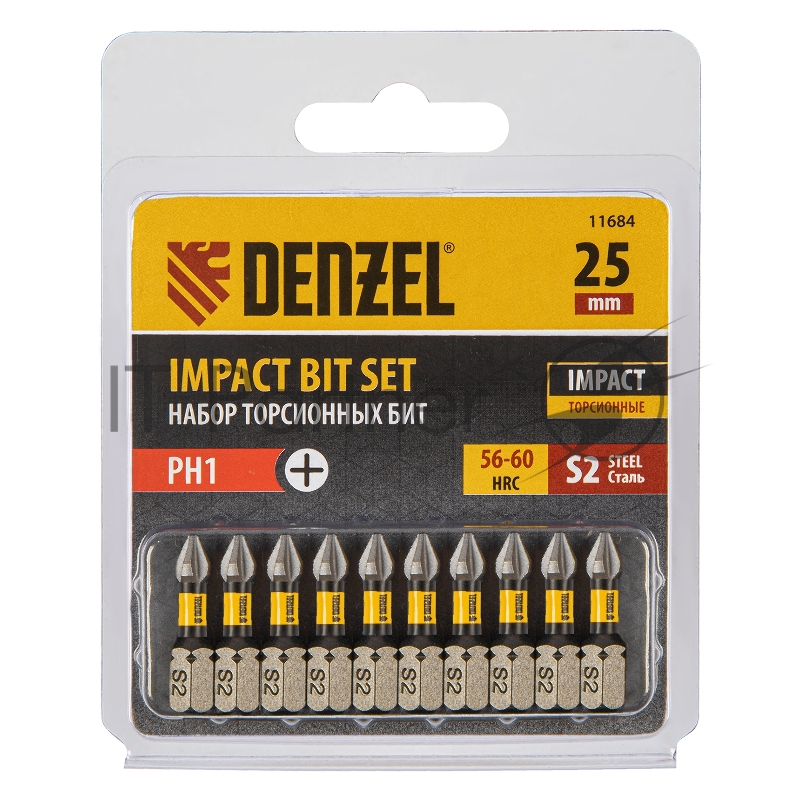 Набор бит торсионных PH1x25 мм, лазерная обработка шлица, сталь S2, 10 шт.// Denzel