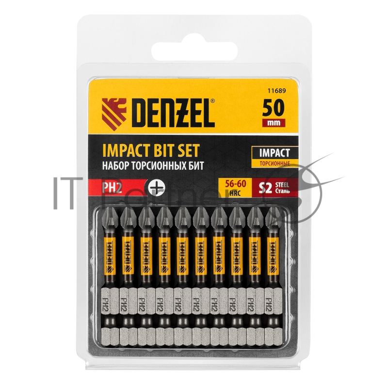 Набор бит торсионных PH2x50 мм, лазерная обработка шлица, сталь S2, 10 шт.// Denzel