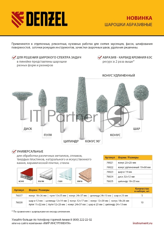 Набор шарошек абразивных для дрели (ПШМ), 63С, 5 шт.// Denzel