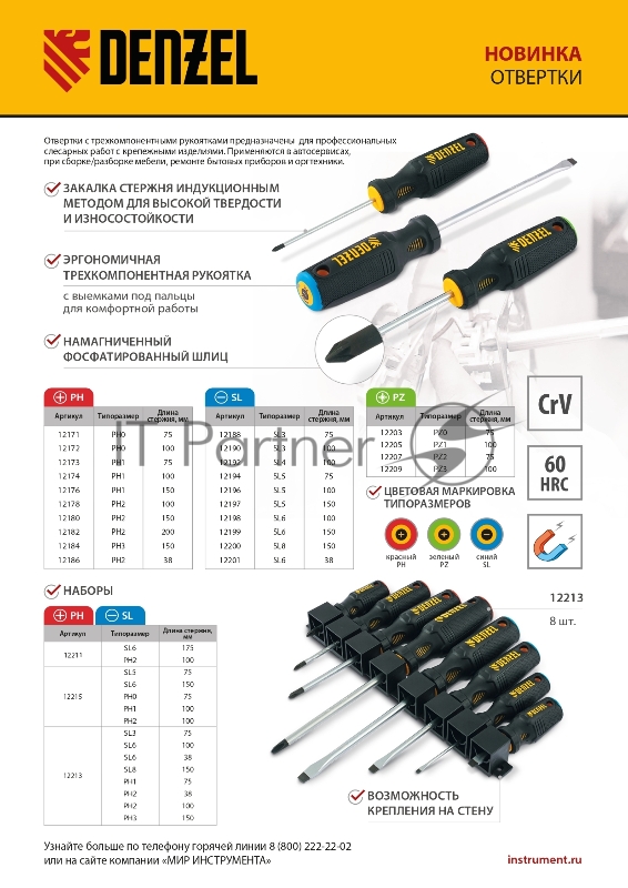 Отвертка SL5x75 мм, CrV, трехкомпонентная рукоятка// Denzel