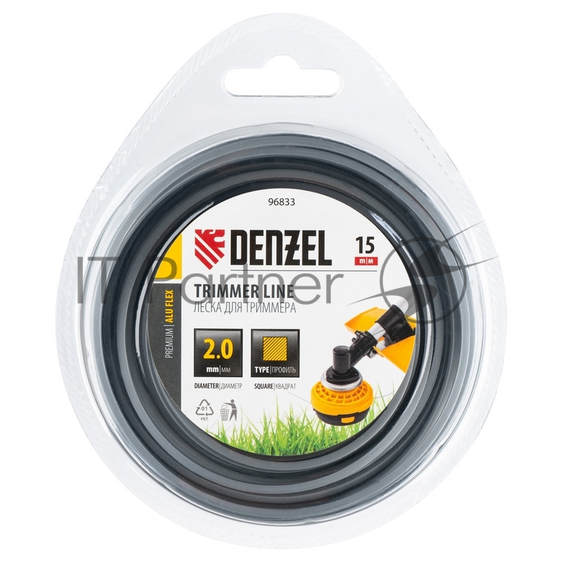 Леска для триммера армированная алюминием квадратная, 2,0мм х 15м, блистер ALUFLEX// Denzel