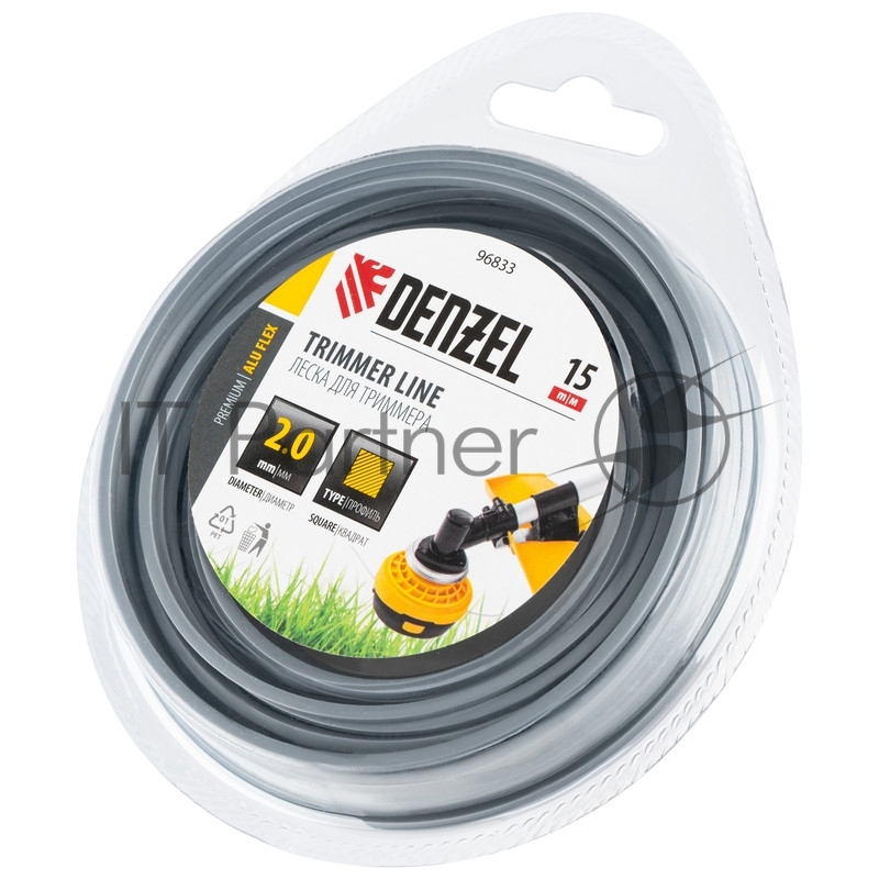 Леска для триммера армированная алюминием квадратная, 2,0мм х 15м, блистер ALUFLEX// Denzel