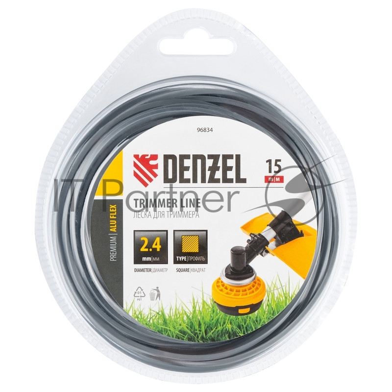 Леска для триммера армированная алюминием квадратная, 2,4мм х 15м, блистер ALUFLEX// Denzel