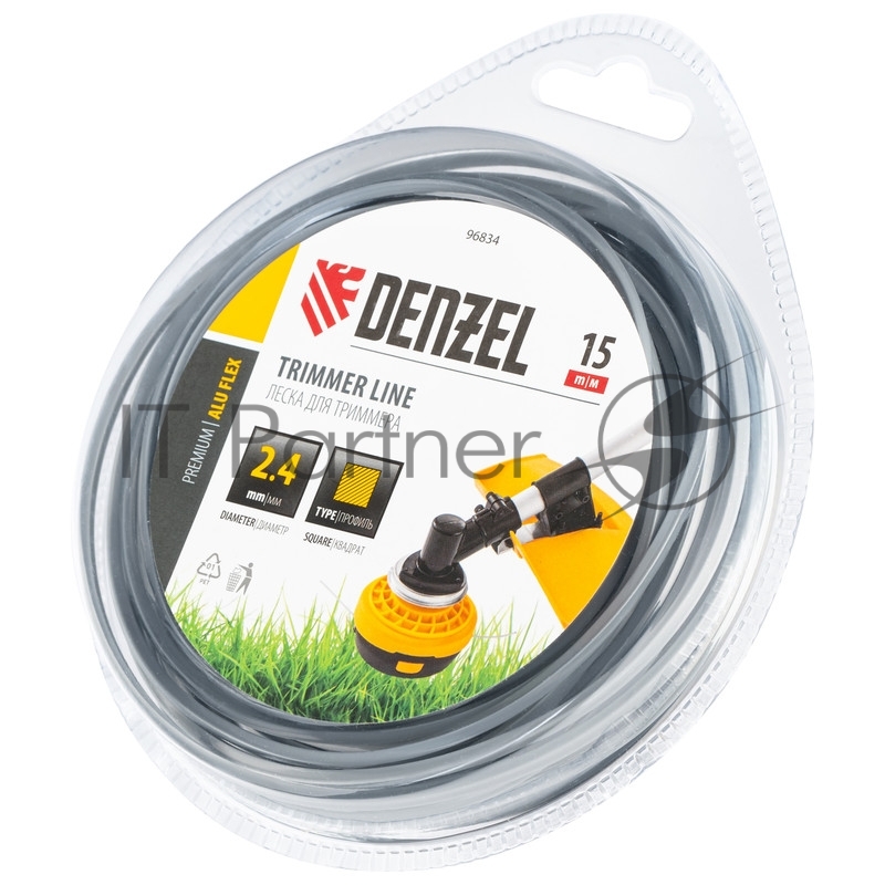 Леска для триммера армированная алюминием квадратная, 2,4мм х 15м, блистер ALUFLEX// Denzel