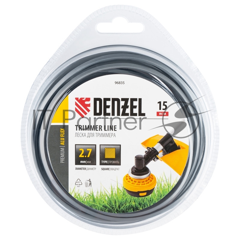 Леска для триммера армированная алюминием квадратная, 2,7мм х 15м, блистер ALUFLEX// Denzel