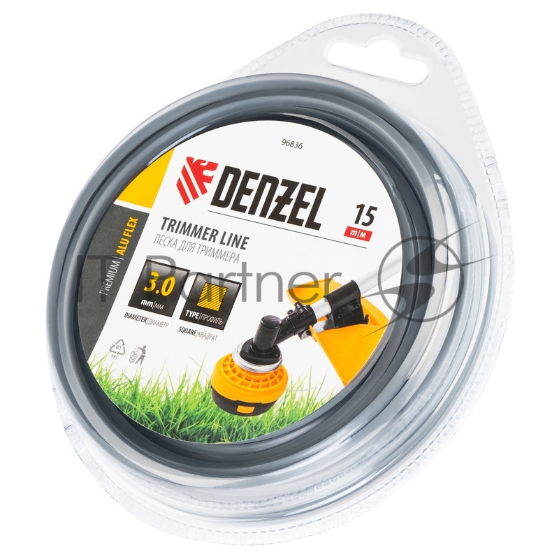 Леска для триммера армированная алюминием квадратная, 3,0мм х 15м, блистер ALUFLEX// Denzel