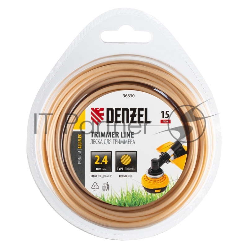 Леска для триммера армированная алюминием круглая, 2,4мм х 15м, блистер ALUFLEX// Denzel