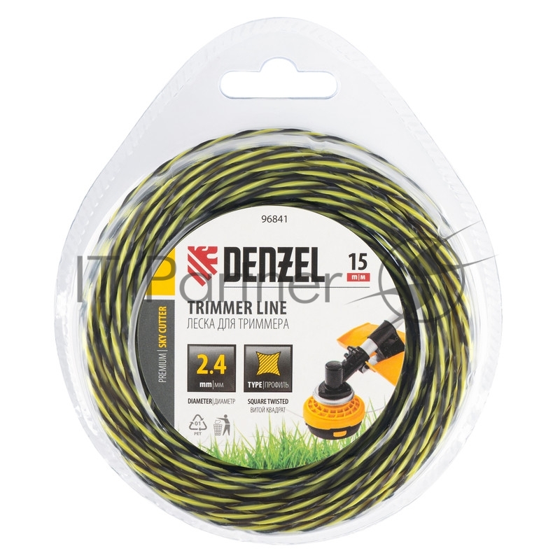 Леска для триммера двухкомпонентная витая квадратная, 2,4мм х 15м, блистер SkyCutter// Denzel