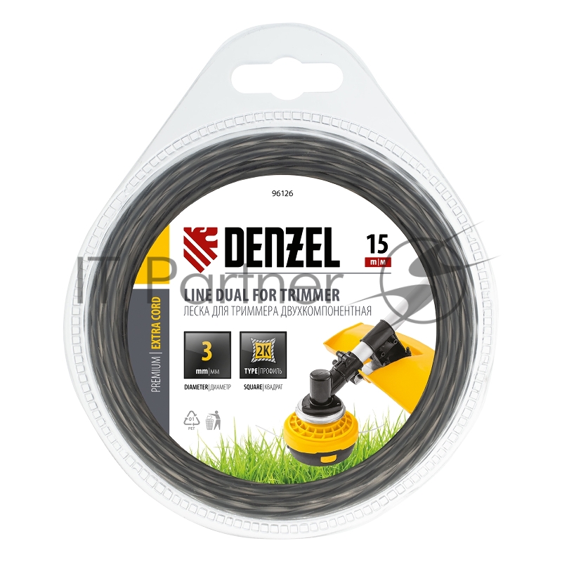 Леска для триммера двухкомпонентная квадрат 3,0мм 15 м EXTRA CORD// Denzel
