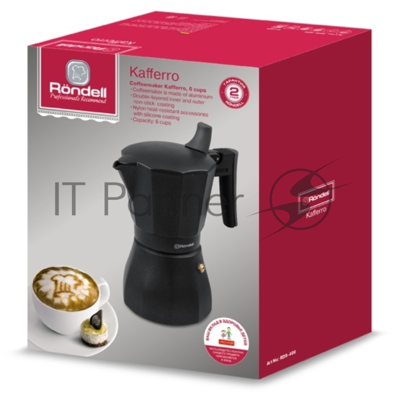 Кофеварка гейзерная Rondell Kafferro RD-499 (BK) черный6 чашек, Аксессуары Эргономичная ручка из нейлона с силиконовым напылением Внешнее покрытие и отделка Антипригарное покрытие для легкого ухода Внутреннее покрытие Двухслойное антипригарное покрыт