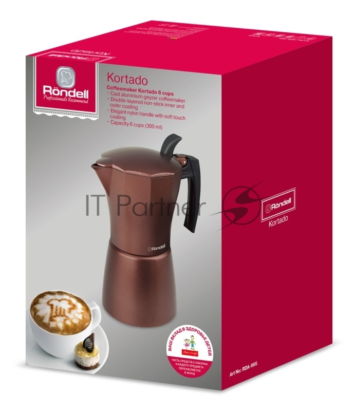 Кофеварка гейзерная Rondell Kortado RD-995 (BN) коричневый 6 чашек, Аксессуары Эргономичная ручка из нейлона с силиконовым напылением Внешнее покрытие и отделка Антипригарное покрытие для легкого ухода Внутреннее покрытие Двухслойное антипригарное по