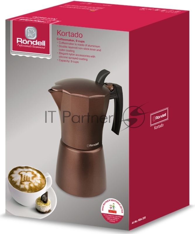 Кофеварка гейзерная Rondell Kortado RDA-399 (BN) коричневый 9 чашек, Аксессуары Эргономичная ручка из нейлона с силиконовым напылением Внешнее покрытие и отделка Антипригарное покрытие для легкого ухода Внутреннее покрытие Двухслойное антипригарное п