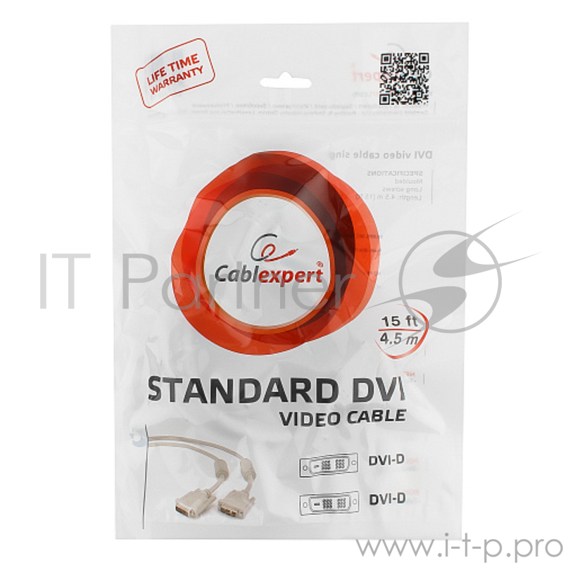 Кабель Кабель DVI-D single link Gembird, 4.5м, 19M/19M, экран, феррит.кольца, пакет CC-DVI-15