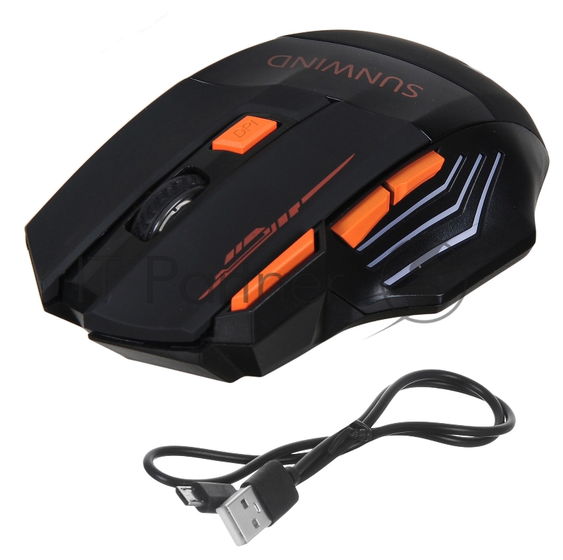 Мышь SunWind SW-M715GW черный/оранжевый оптическая (1600dpi) беспроводная USB для ноутбука (7but)