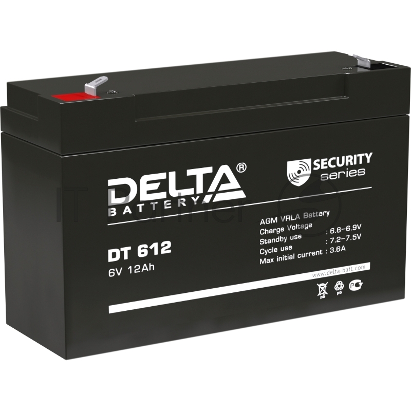 Battery DELTA series DT, DT 612, voltage 6V, capacity 12Ah (discharge 20 hours), max. discharge current (5 sec.) 150A, max. charge current 3.6A, lead-acid type AGM, terminals F2, LxWxH 151x50x94mm., weight 1.6kg., service life 5 years.