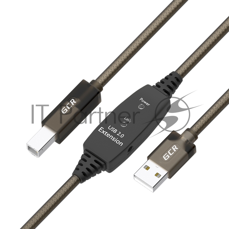 GCR Кабель активный 7.5m USB 2.0, AM/BM, черно-прозрачный, с усилителем сигнала, разъём для доп.питания, 28/24 AWG