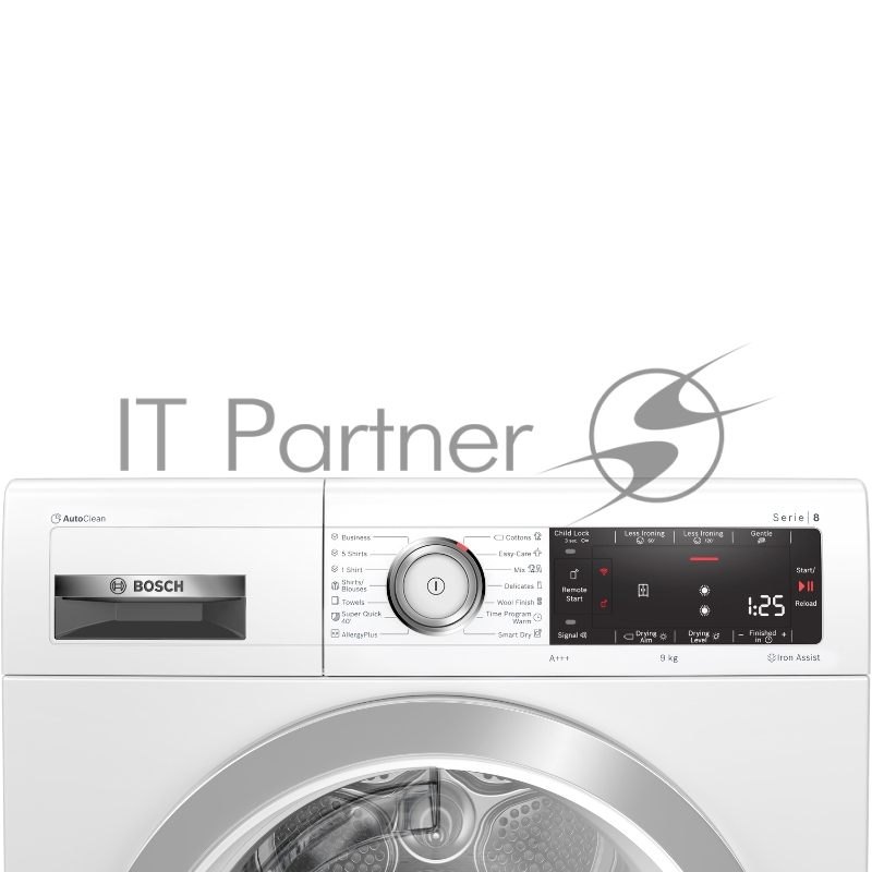 Serie 8, 9 кг, cушильная машина с тепловым насосом, A++, Home Connect, smartDry - беспроводная связь между стиральной и сушильной машиной, Iron Assist - освежение и уменьшение складок паром, AutoClean - самоочистка ворсового фильтра, antiVibration, 1