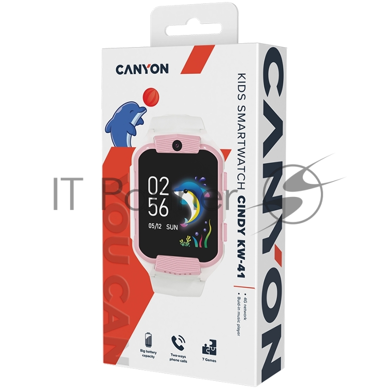 Смарт-часы CANYON Cindy KW-41, 1.69IPS colorful screen 240*280, ASR3603C, Nano SIM card, 192+128MB, GSM(B3/B8), LTE(B1.2.3.5.7.8.20) 680mAh battery, built in TF card: 512MB, White Pink, host: 53.3*42.3*14.5mm strap: 230*20mm, 36g