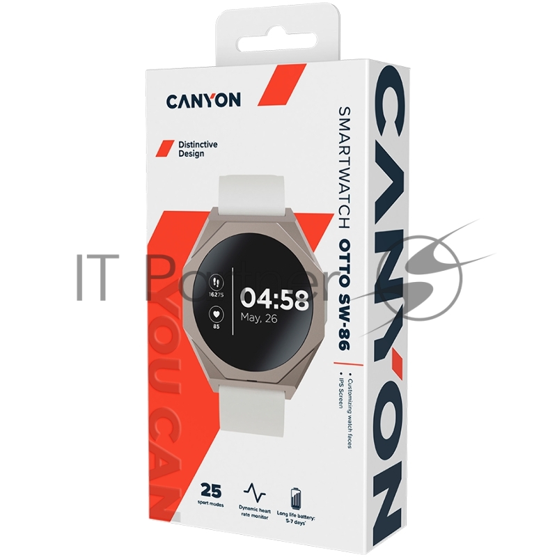 Смарт-часы CANYON Otto SW-86, Smart watch Realtek 8762DK LCD 1.3 LTPS 360X360px, G+F 1+gesture 192KB Li-ion polymer battery 3.7v 280mAh,Silver aluminum alloy case middle frame+plastic bottom case+white silicone strap+silver strap buckle host:45.4*42.