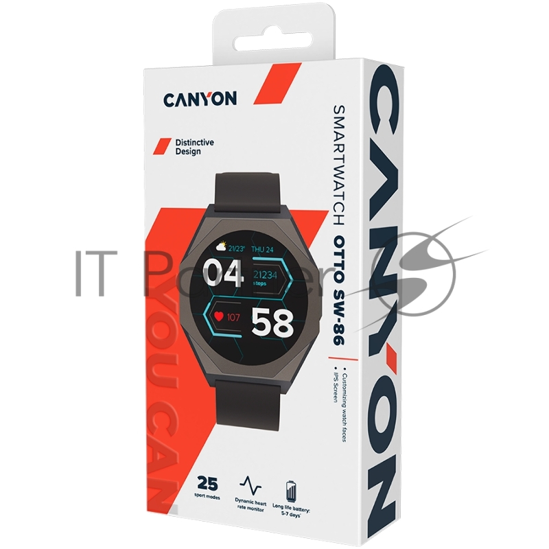 Смарт-часы CANYON Otto SW-86, Smart watch Realtek 8762DK LCD 1.3 LTPS 360X360px, TP G+F 1+gesture 192KB Li-ion polymer battery 3.7v 280mAh,Gun aluminum alloy case middle frame+plastic bottom case+black silicone srap+gun strap buckle.host:45.4*42.4*9.