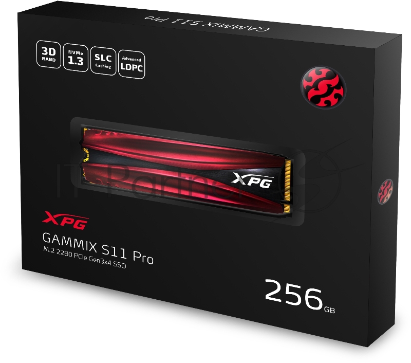 Накопитель SSD M.2 ADATA 256Gb XPG S11 Pro <AGAMMIXS11P-256GT-C> (PCI-E 3.0 x4, up to 3500/1200Mbs, 290000 IOPs, 3D TLC, NVMe 1.3, 22x80mm, радиатор)