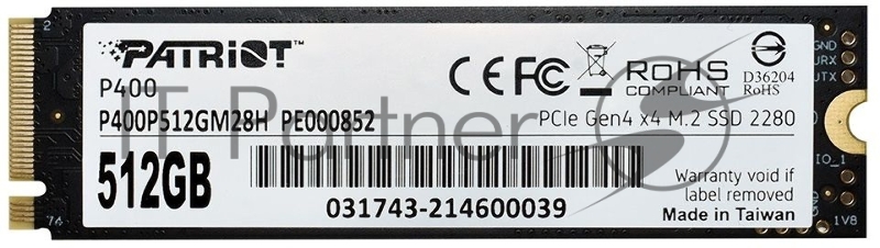 Накопитель SSD Patriot M.2 512Gb P400 <P400P512GM28H> (PCI-E 4.0 x4, up to 5000/3300MBs, 550000 IOPs, TBW 400Tb, 22х80mm, graphene heatsink)